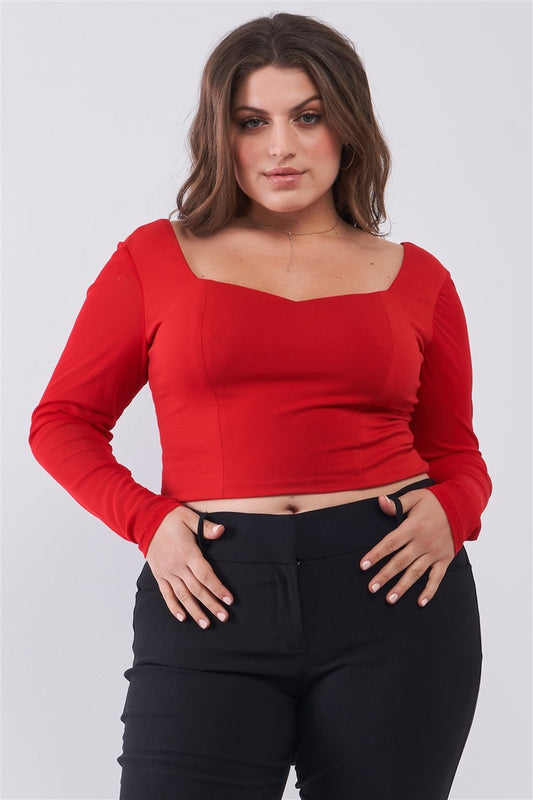 Plus Size Crimson Red Long Mesh Sleeve Sweetheart Neck Detail Structured Crop Top - It's a Girly Place