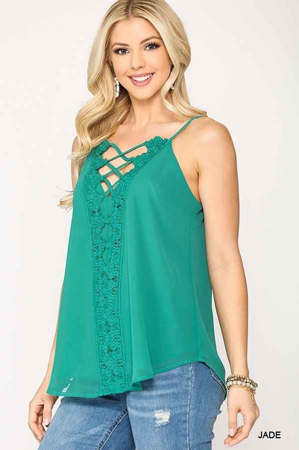 Plunging V-neckline Lattice Top