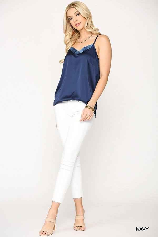 Velvet Mixed Adjustable Strap Round Hem Camisole