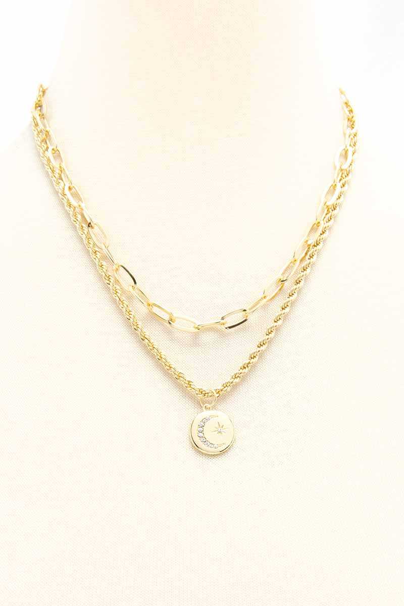 2 Layered Metal Chain Round Pendant Necklace - It's a Girly Place