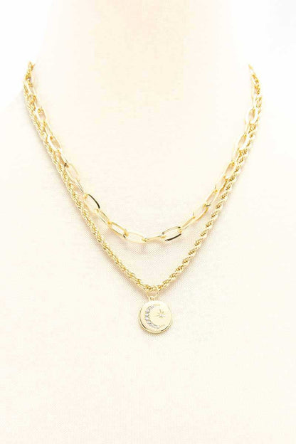 2 Layered Metal Chain Round Pendant Necklace - It's a Girly Place