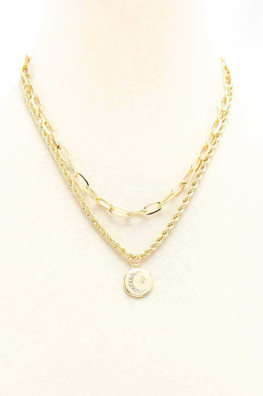 2 Layered Metal Chain Round Pendant Necklace - It's a Girly Place