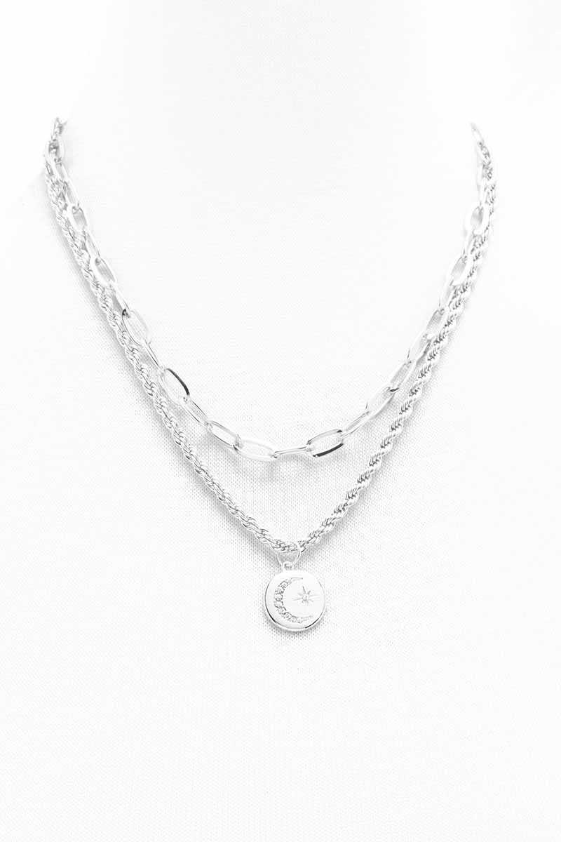 2 Layered Metal Chain Round Pendant Necklace - It's a Girly Place