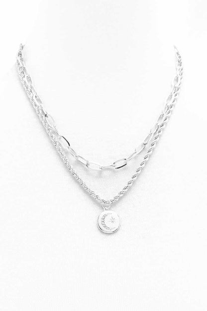 2 Layered Metal Chain Round Pendant Necklace - It's a Girly Place