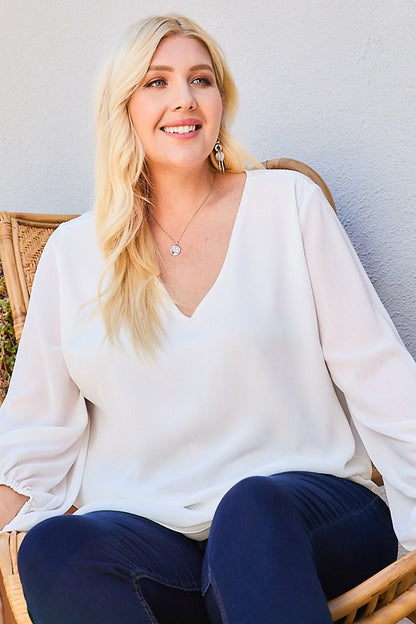V Neck Bubble Sleeve Solid Top - It's a Girly Place