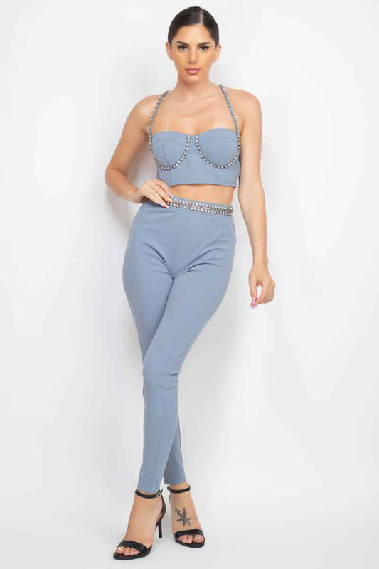 Stone Embellished Top And Pants Set