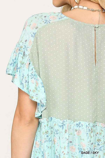 Dot And Floral Print Mixed Ruffle Top With Back Keyhole