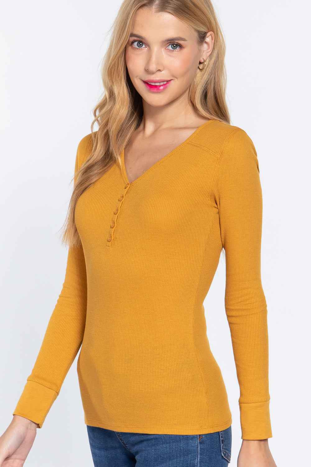 Long Slv V-neck Placket Thermal Top