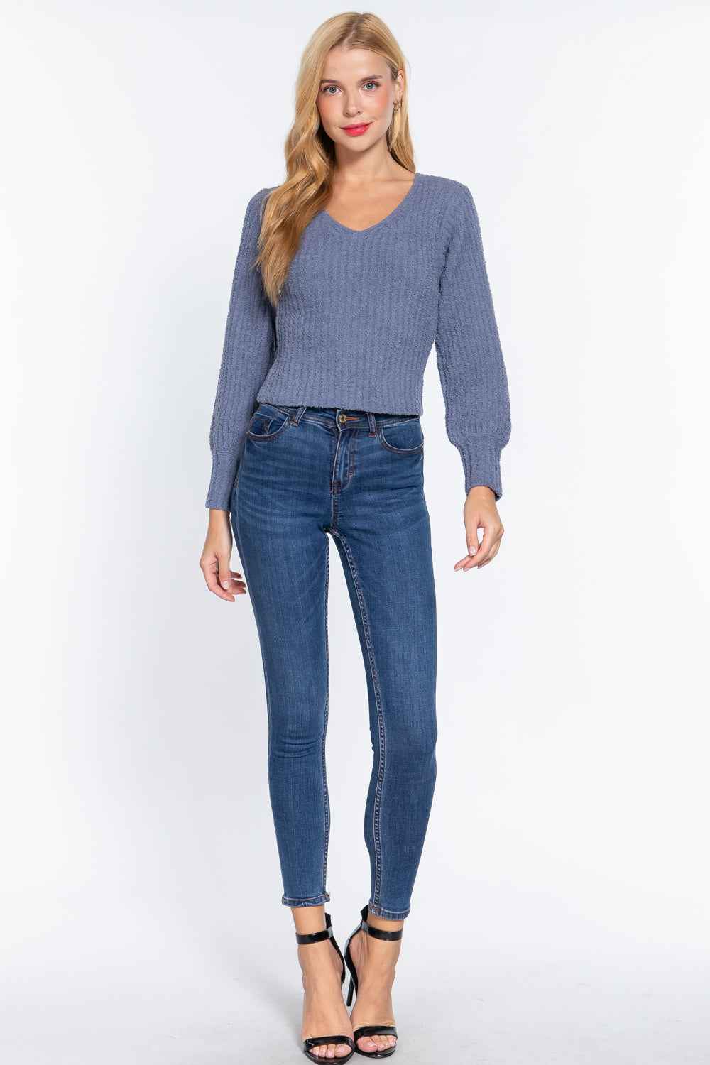 Long Puff Slv V-neck Rib Sweater