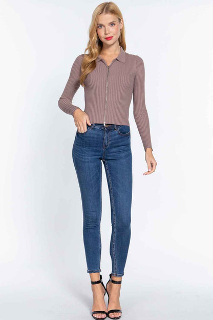 Notched Collar Zippered Sweater