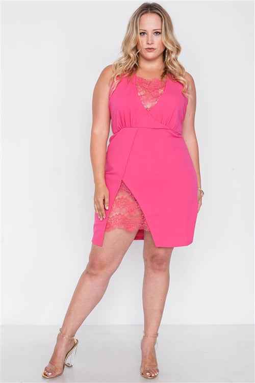 Plus Size Lace Detail Bodycon Mini Dress – Fuchsia