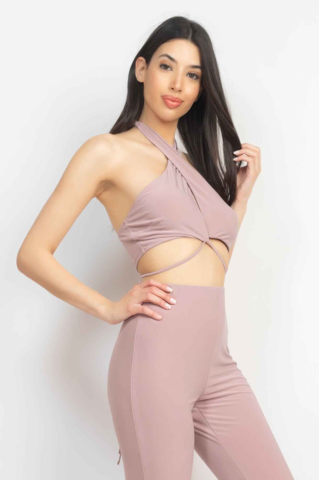 Solid Halter Top and Elastic Leggings Set – Coco