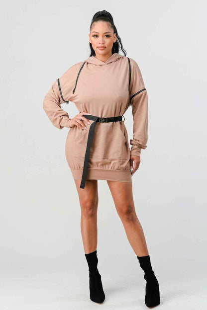 Double Zipper Long Sleeve Hooded Mini Dress