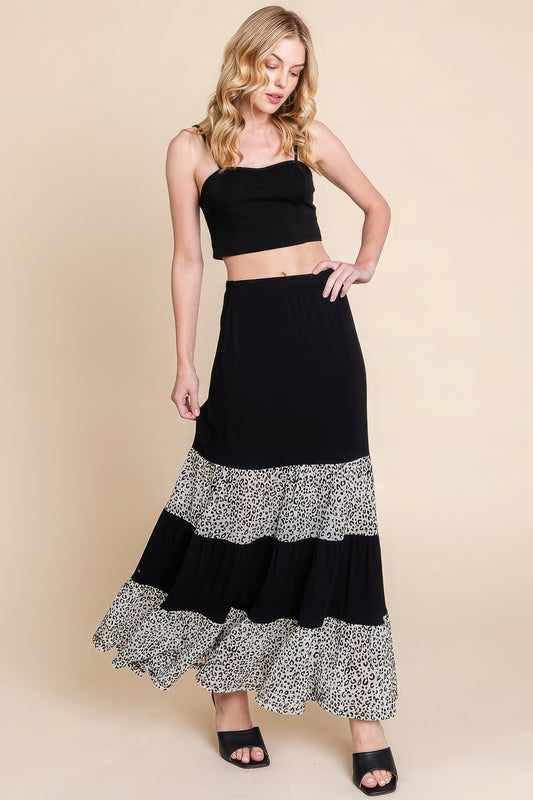 Long Tiered Contrast Fashion Skirt With Velvet Animal Print Mesh - It's a Girly Place