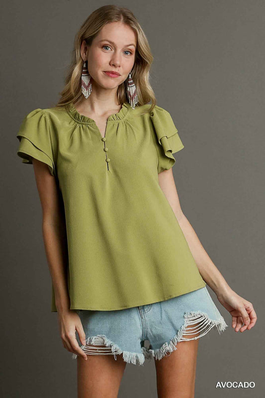 Boxy Ruffle Neck Top – Avocado