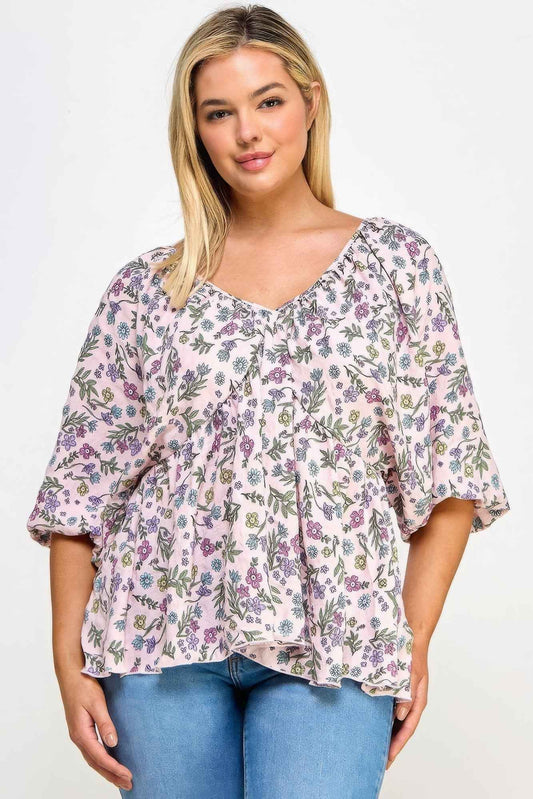 Floral V-Neck Babydoll Balloon Sleeve Top – Fairy Pink