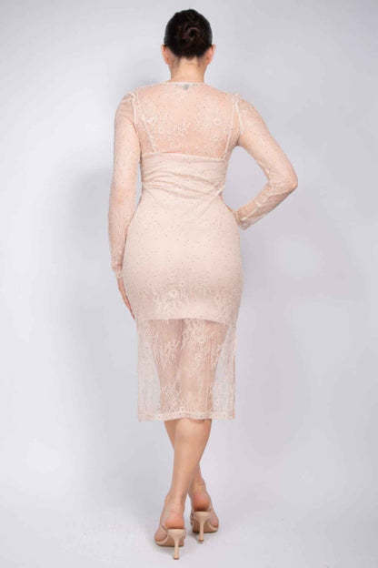 Lace Rhinestone-studded Slit Midi Dress