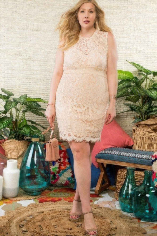 Plus Size Crochet Lace Sleeveless Dress with Round Hem – Blush
