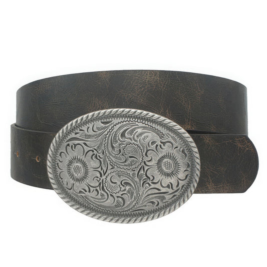 Flower Embossed Oval Buckle Vintage Strap Belt - It's a Girly Place