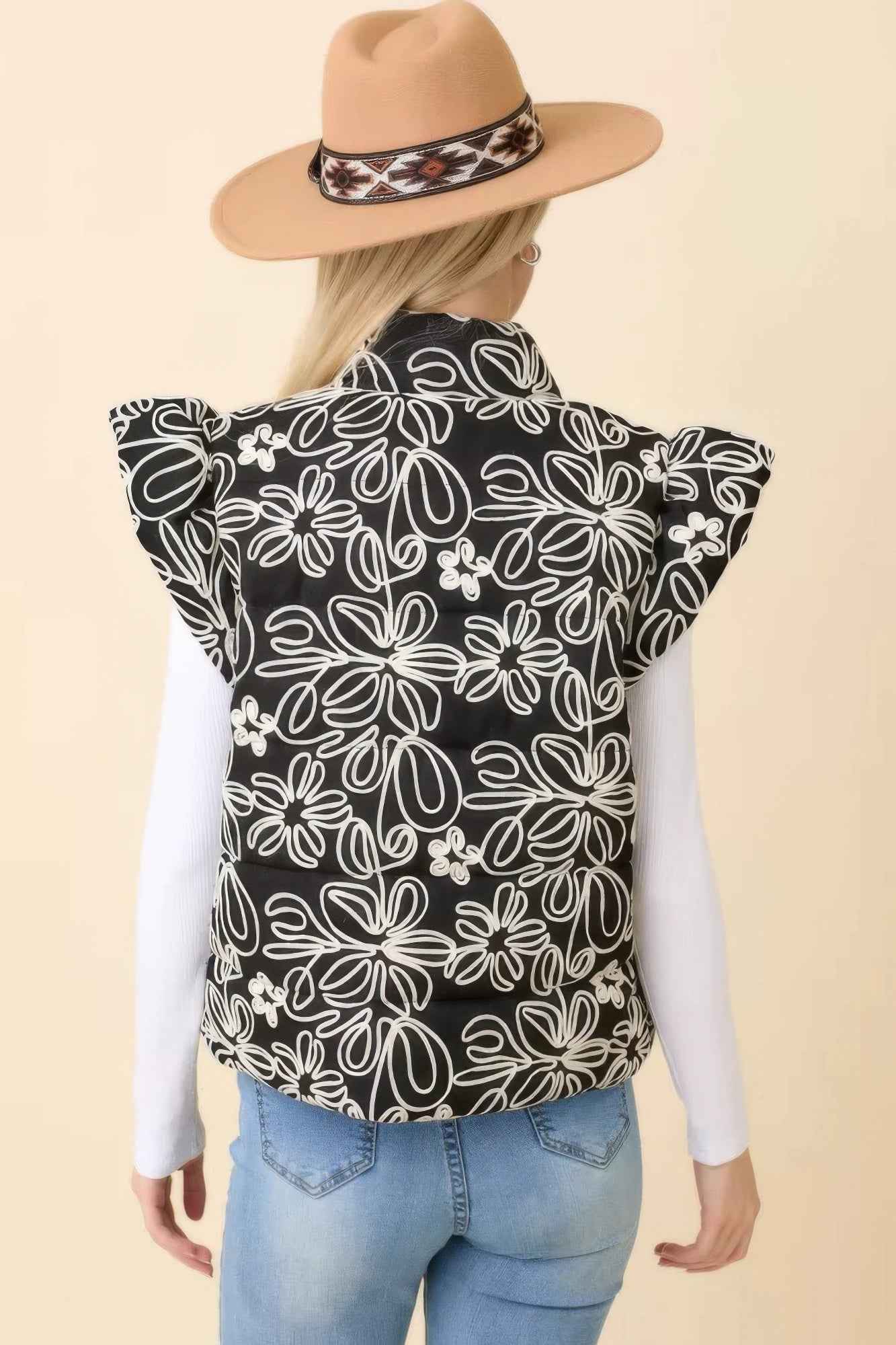 Floral Velvet Embroidered Denim Puffer Vest