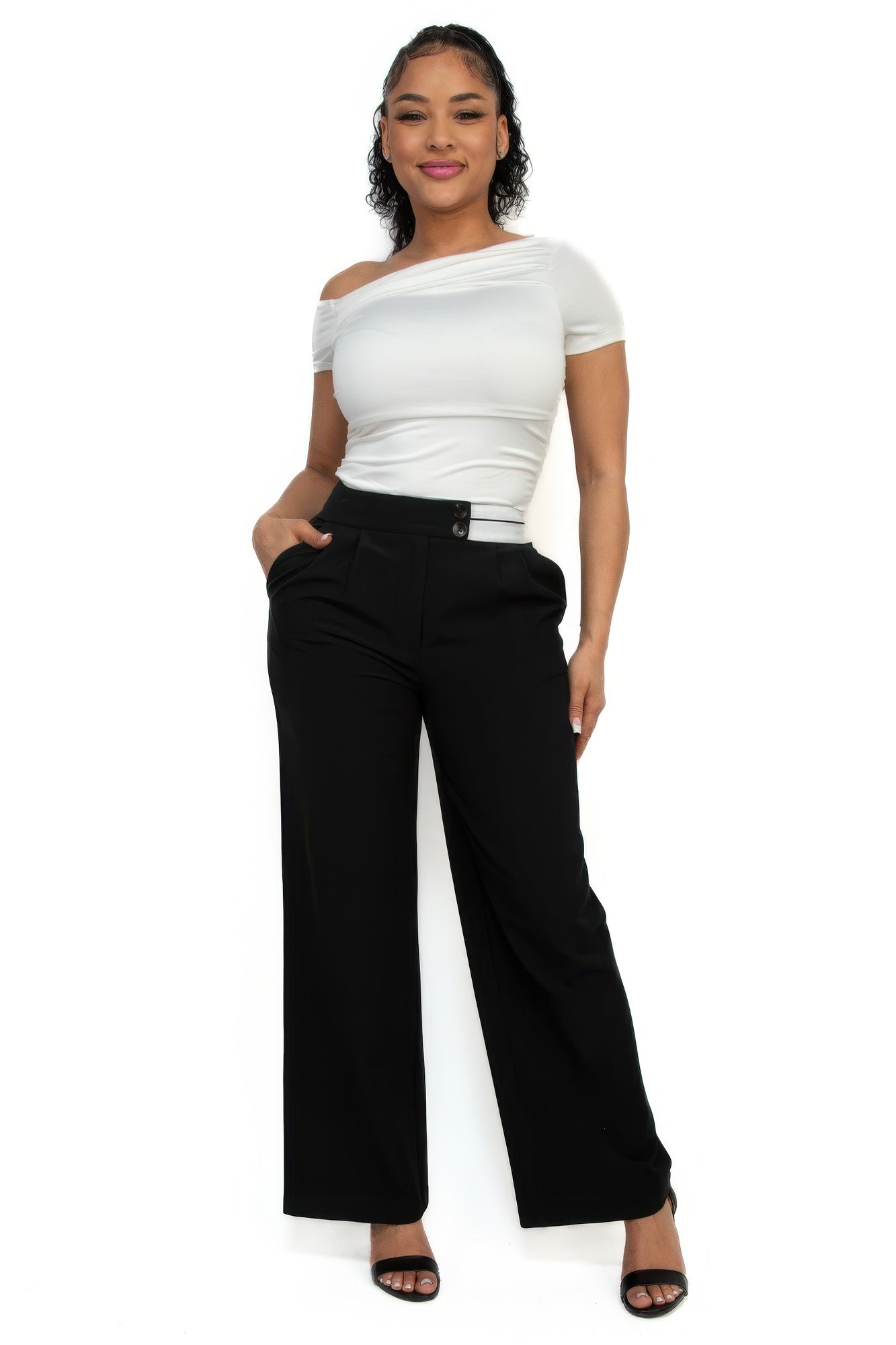 High-rise wide elastic contrast waist pants - It's a Girly Place