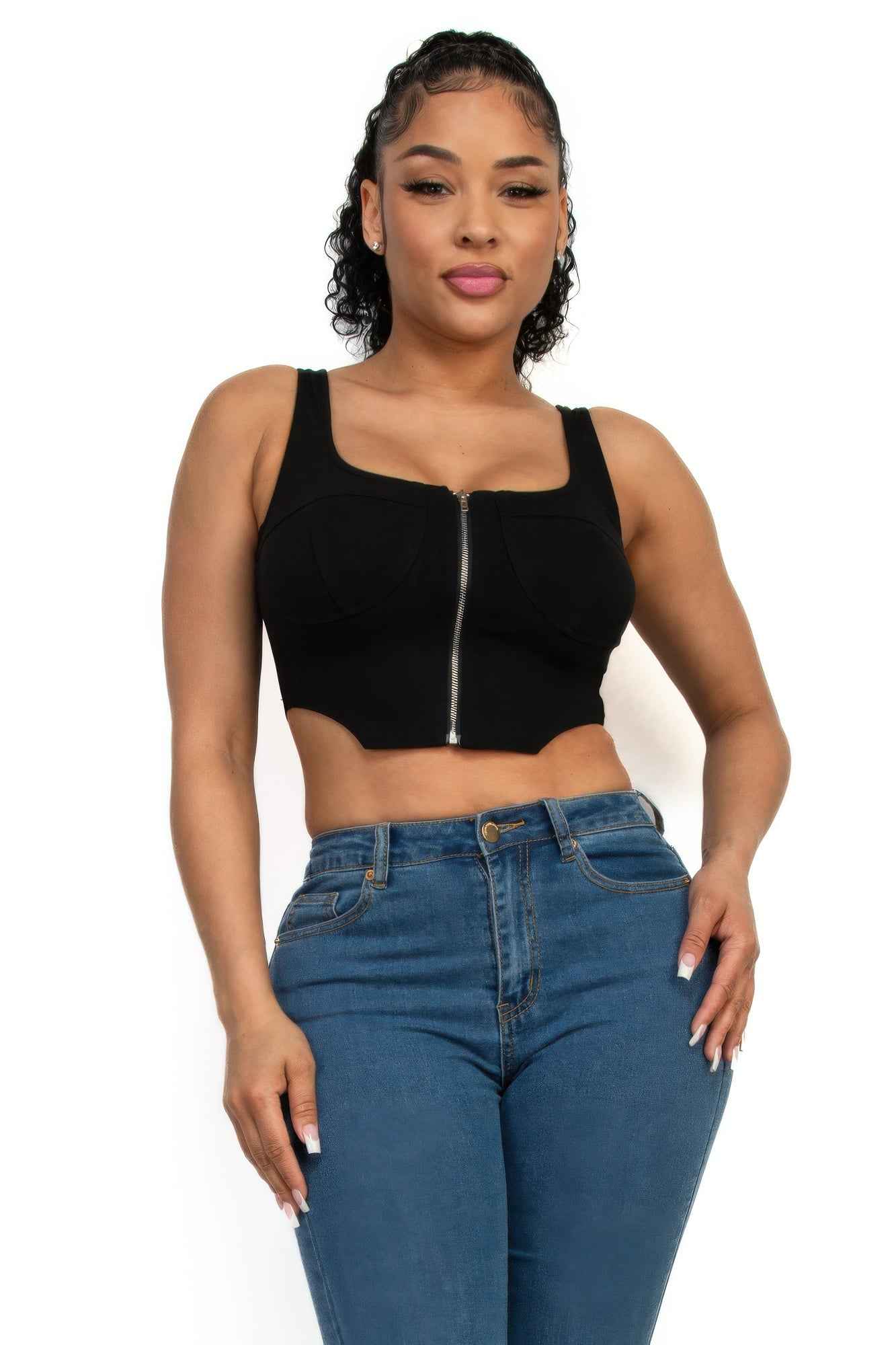 Zip-Up Square Neck Crop Top – Olive or Black