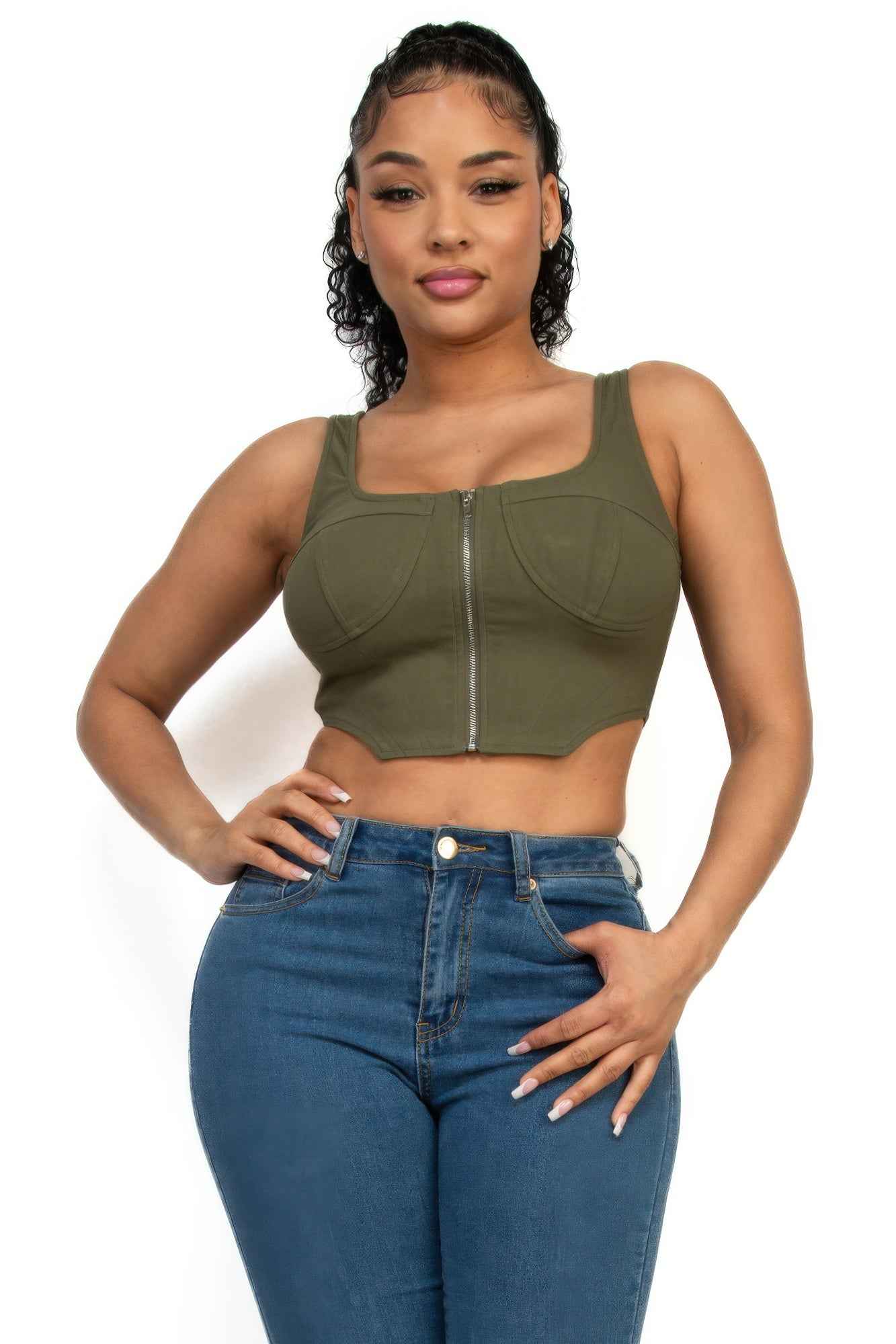 Zip-Up Square Neck Crop Top – Olive or Black