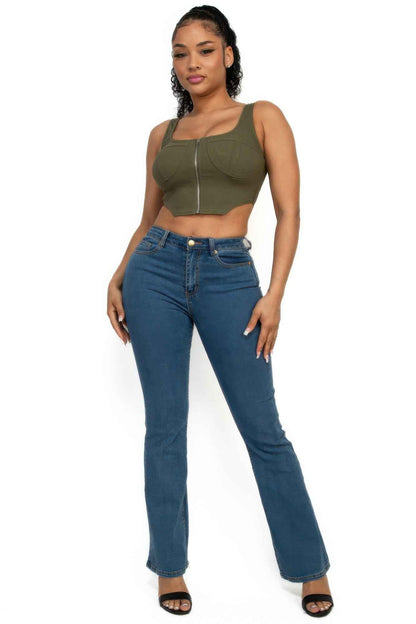 Zip-Up Square Neck Crop Top – Olive or Black