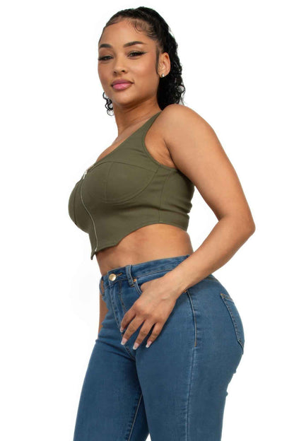 Zip-Up Square Neck Crop Top – Olive or Black