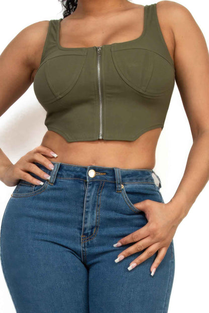 Zip-Up Square Neck Crop Top – Olive or Black