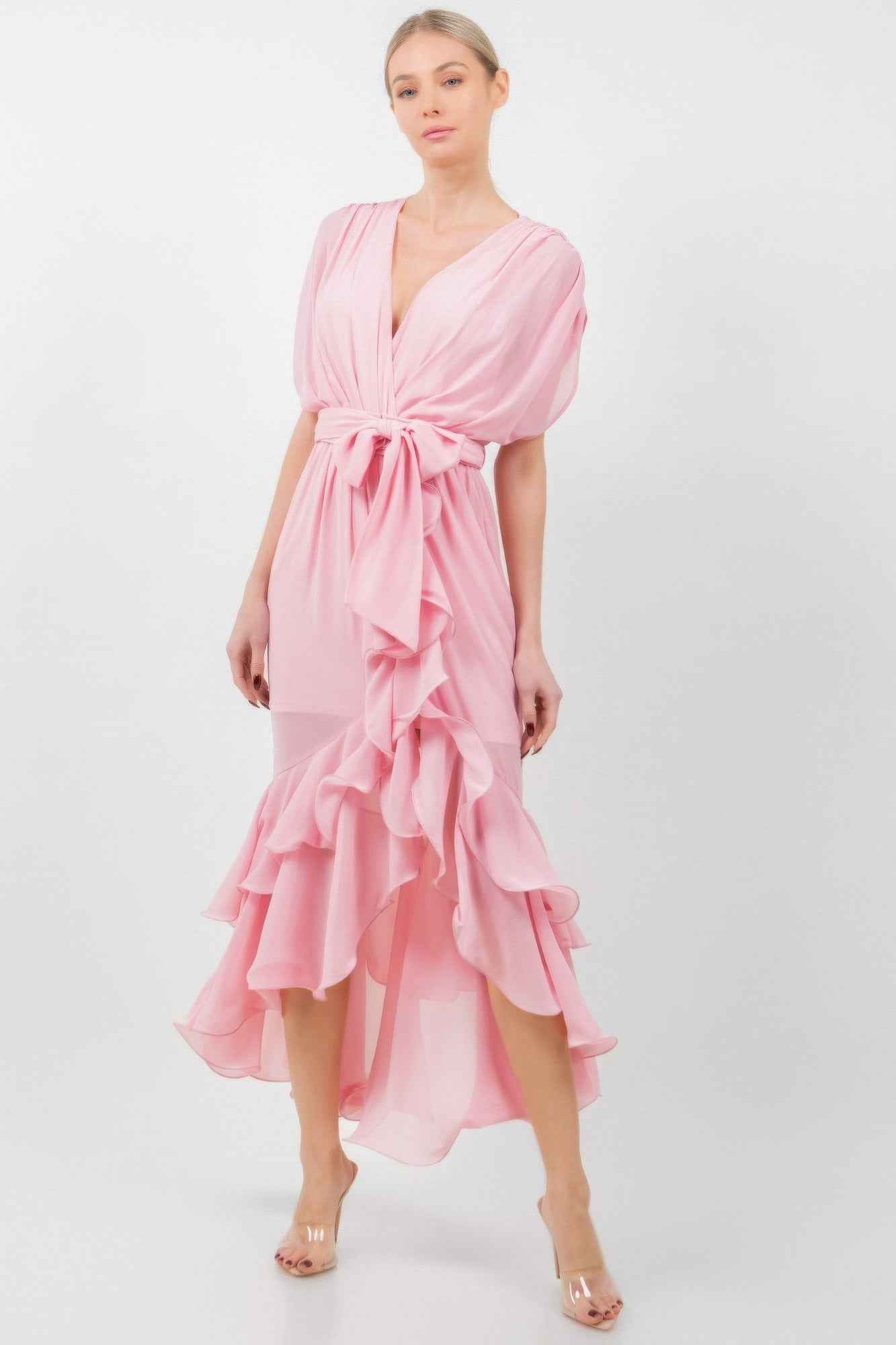 Solid Tie Waist Ruffle Midi Dress