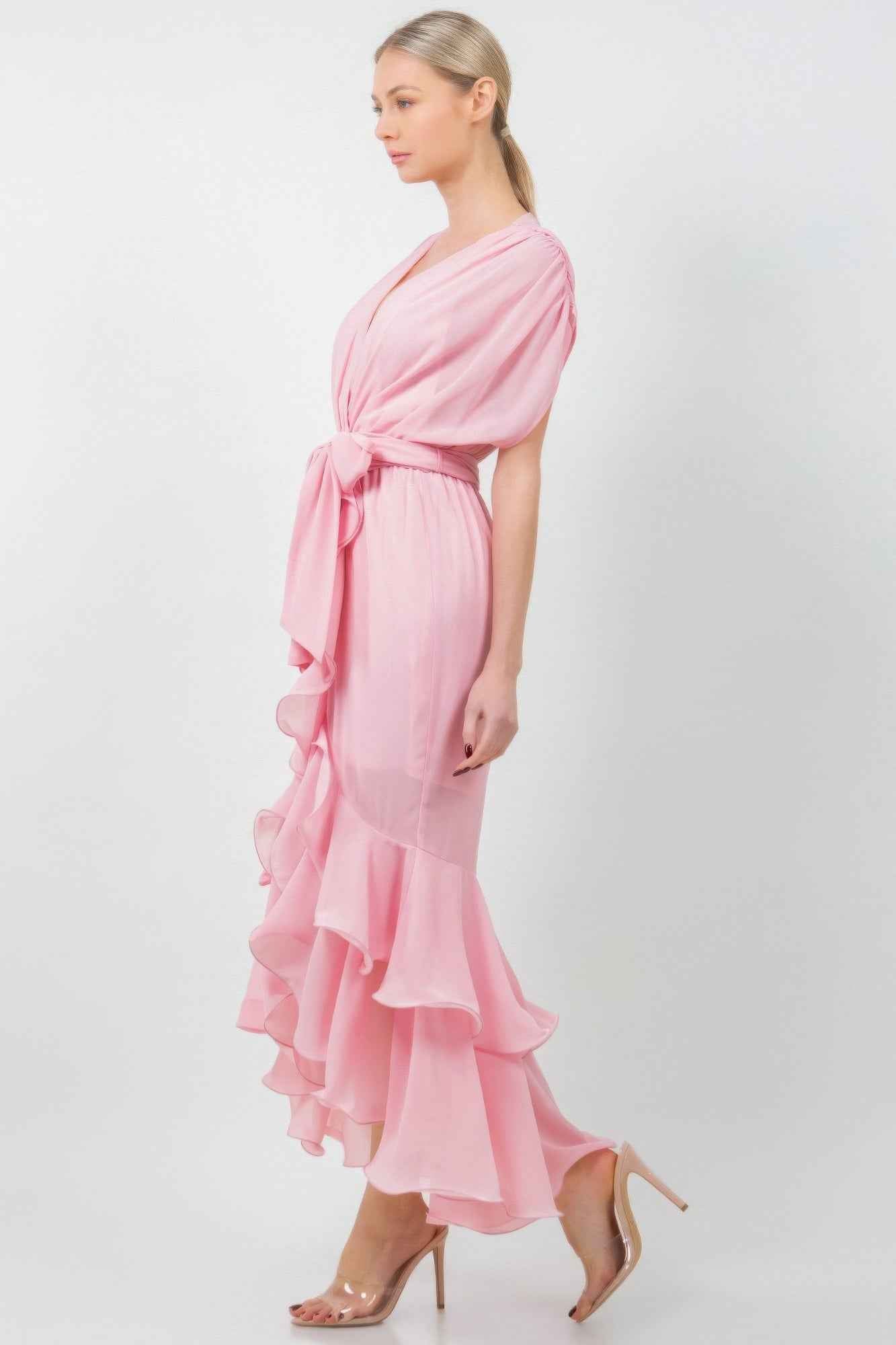 Solid Tie Waist Ruffle Midi Dress