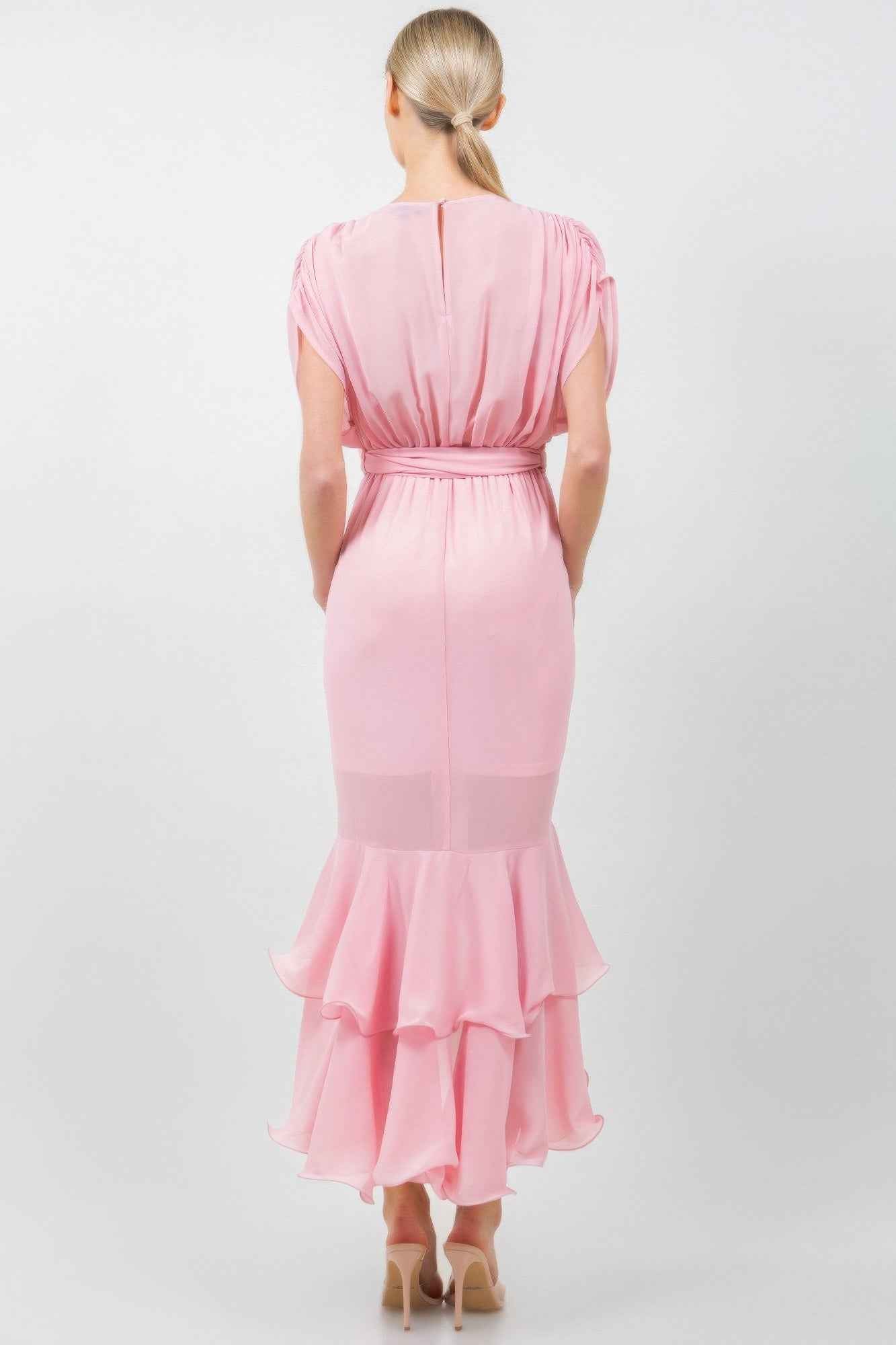 Solid Tie Waist Ruffle Midi Dress