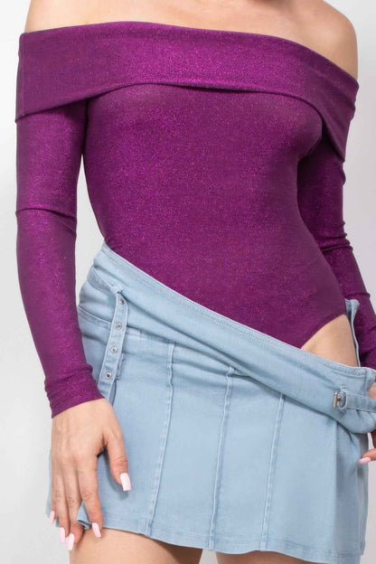 Off-shoulder Glittery Long Sleeve Bodysuit