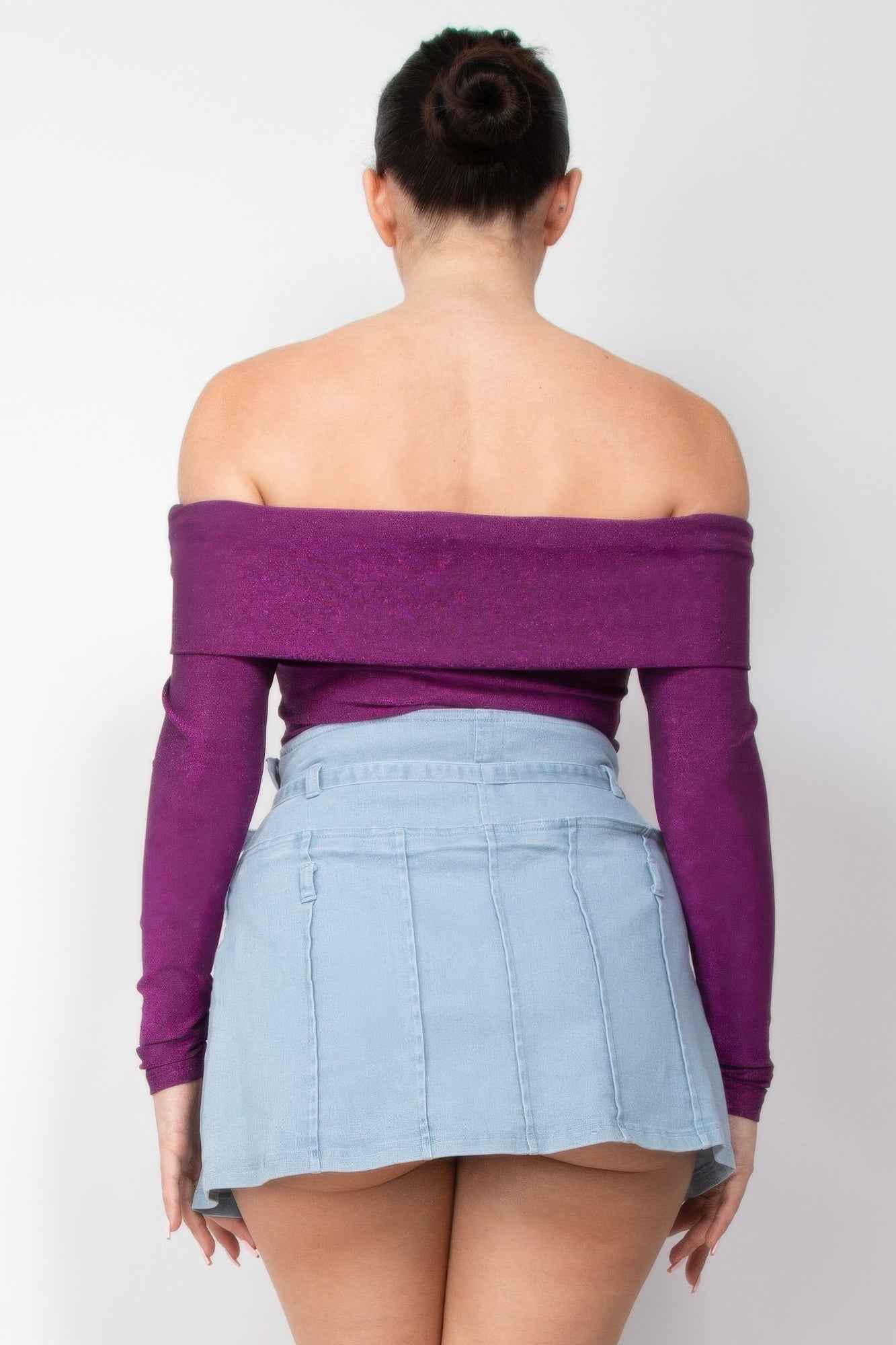 Off-shoulder Glittery Long Sleeve Bodysuit