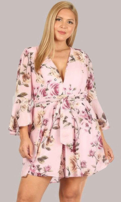 Floral Chiffon 3 4 Sleeve Tie Waist Romper