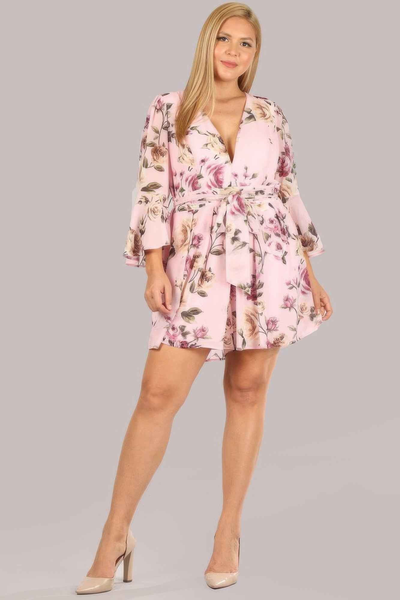 Floral Chiffon 3 4 Sleeve Tie Waist Romper