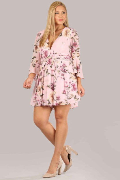 Floral Chiffon 3 4 Sleeve Tie Waist Romper