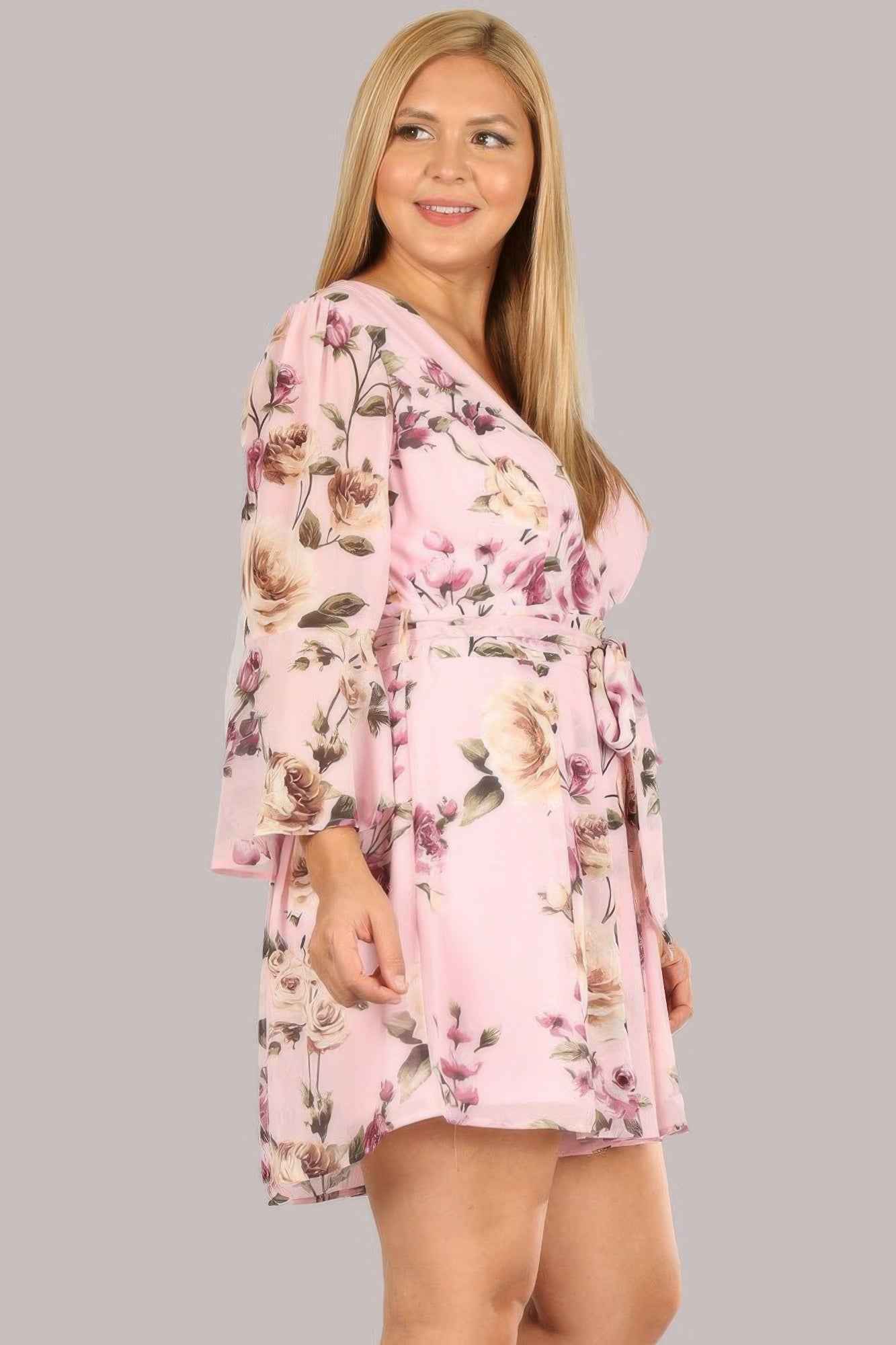 Floral Chiffon 3 4 Sleeve Tie Waist Romper