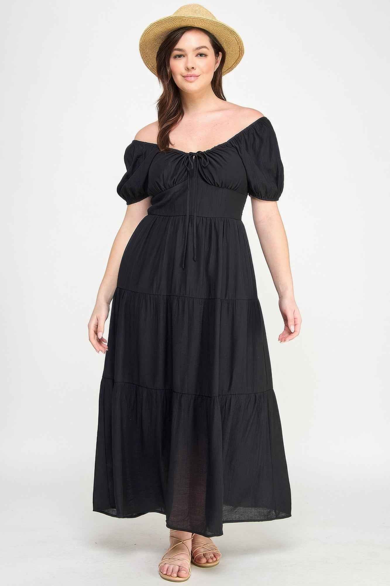 Front Tie Puff Sleeve Tired Maxi Dress