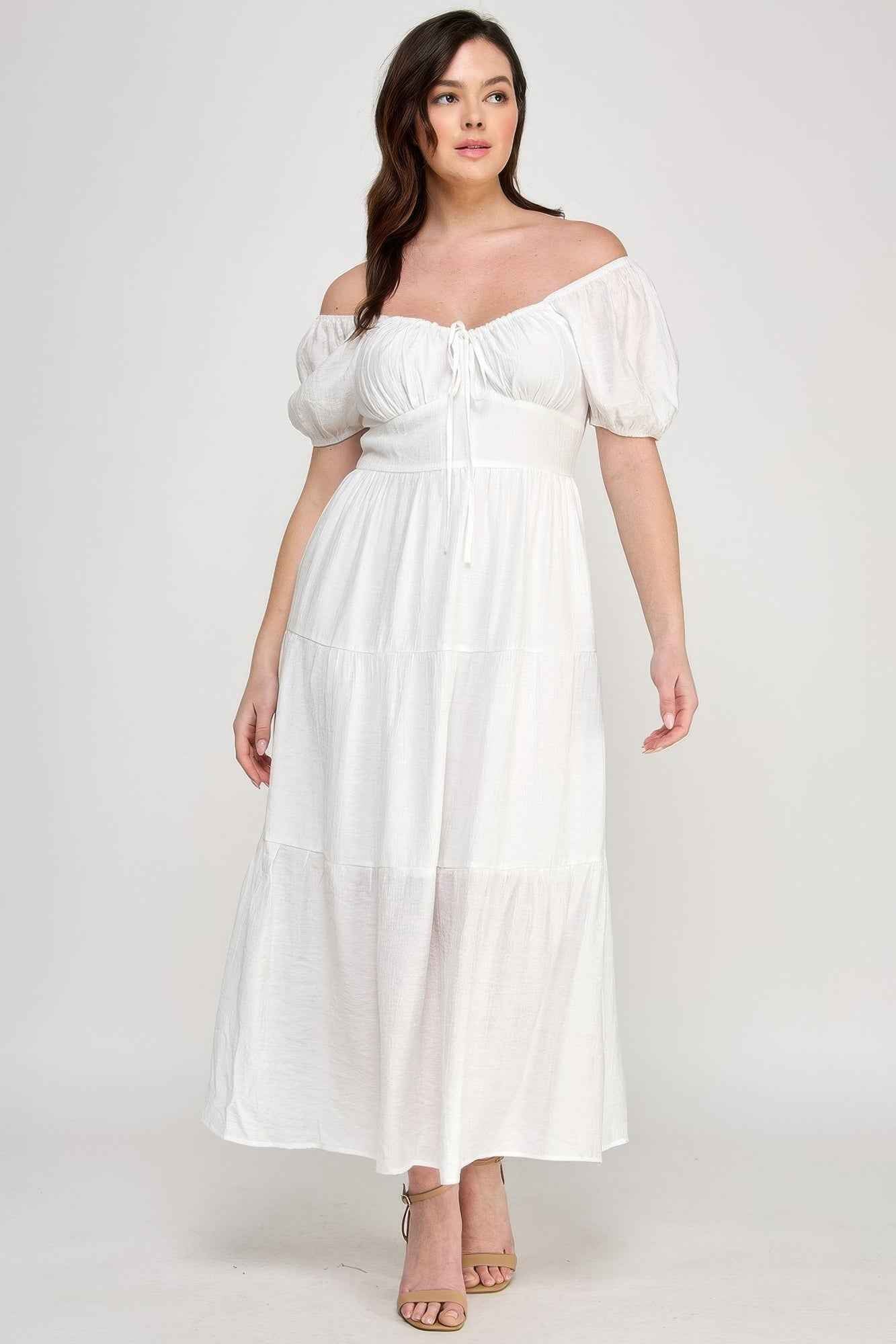 Front Tie Puff Sleeve Tired Maxi Dress