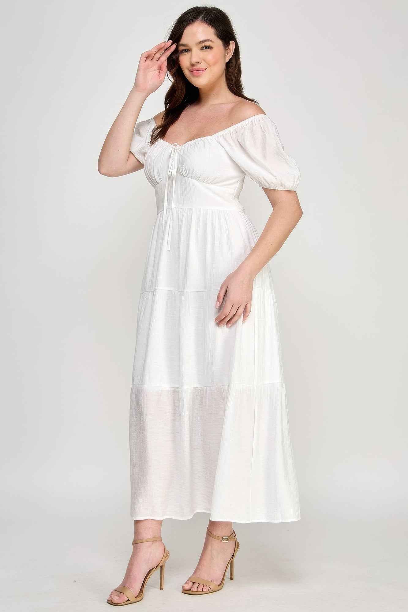 Front Tie Puff Sleeve Tired Maxi Dress