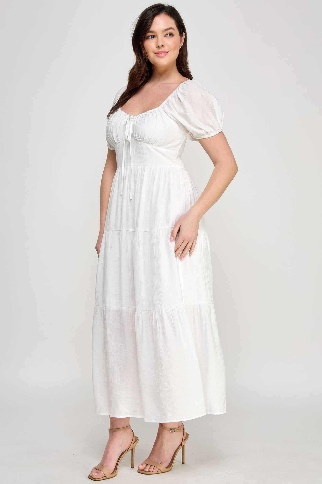 Front Tie Puff Sleeve Tired Maxi Dress