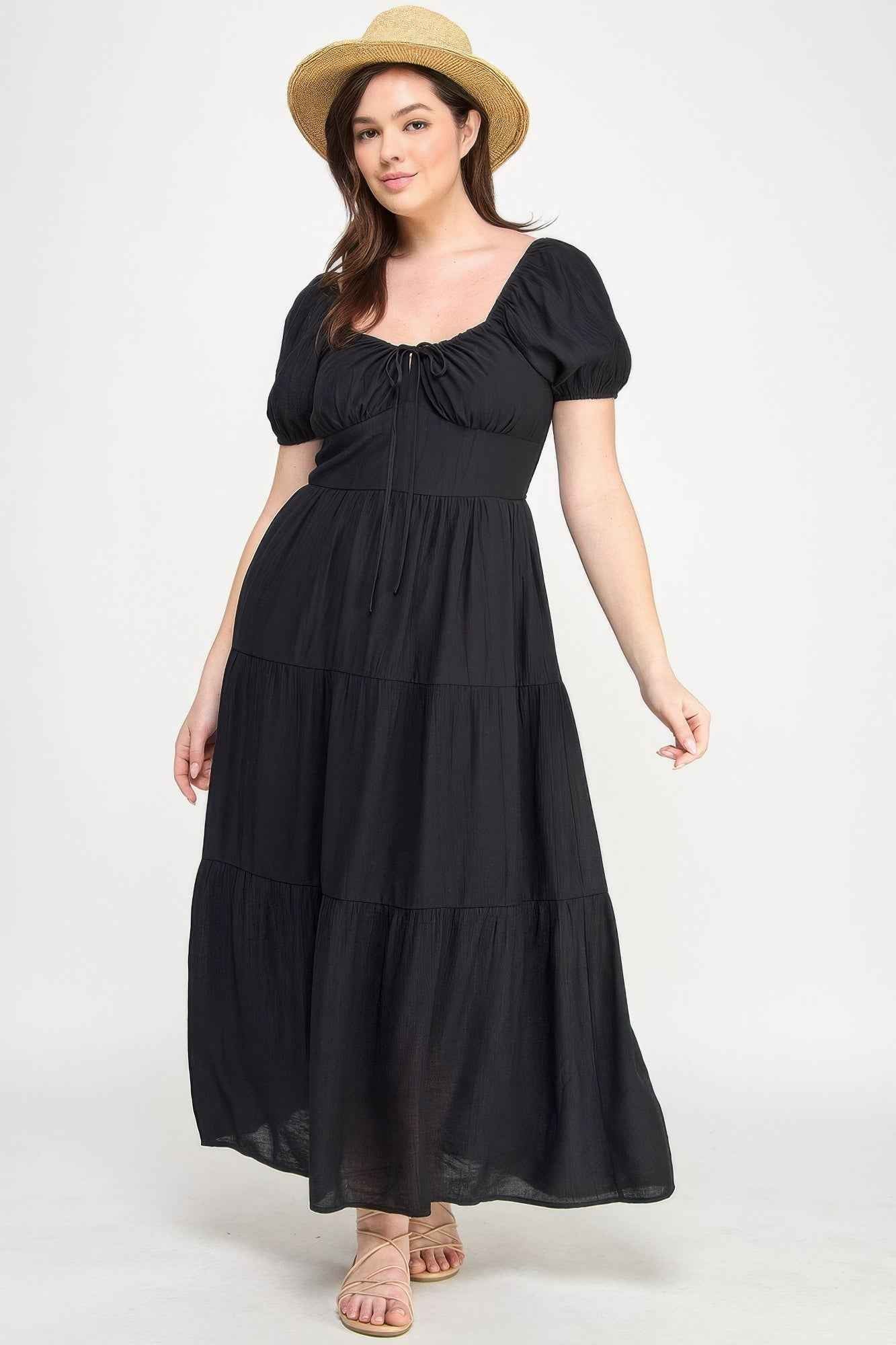 Front Tie Puff Sleeve Tired Maxi Dress
