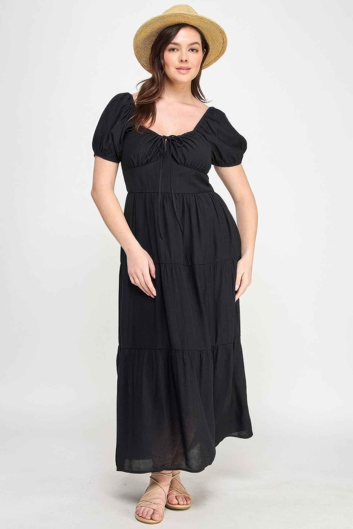 Front Tie Puff Sleeve Tired Maxi Dress