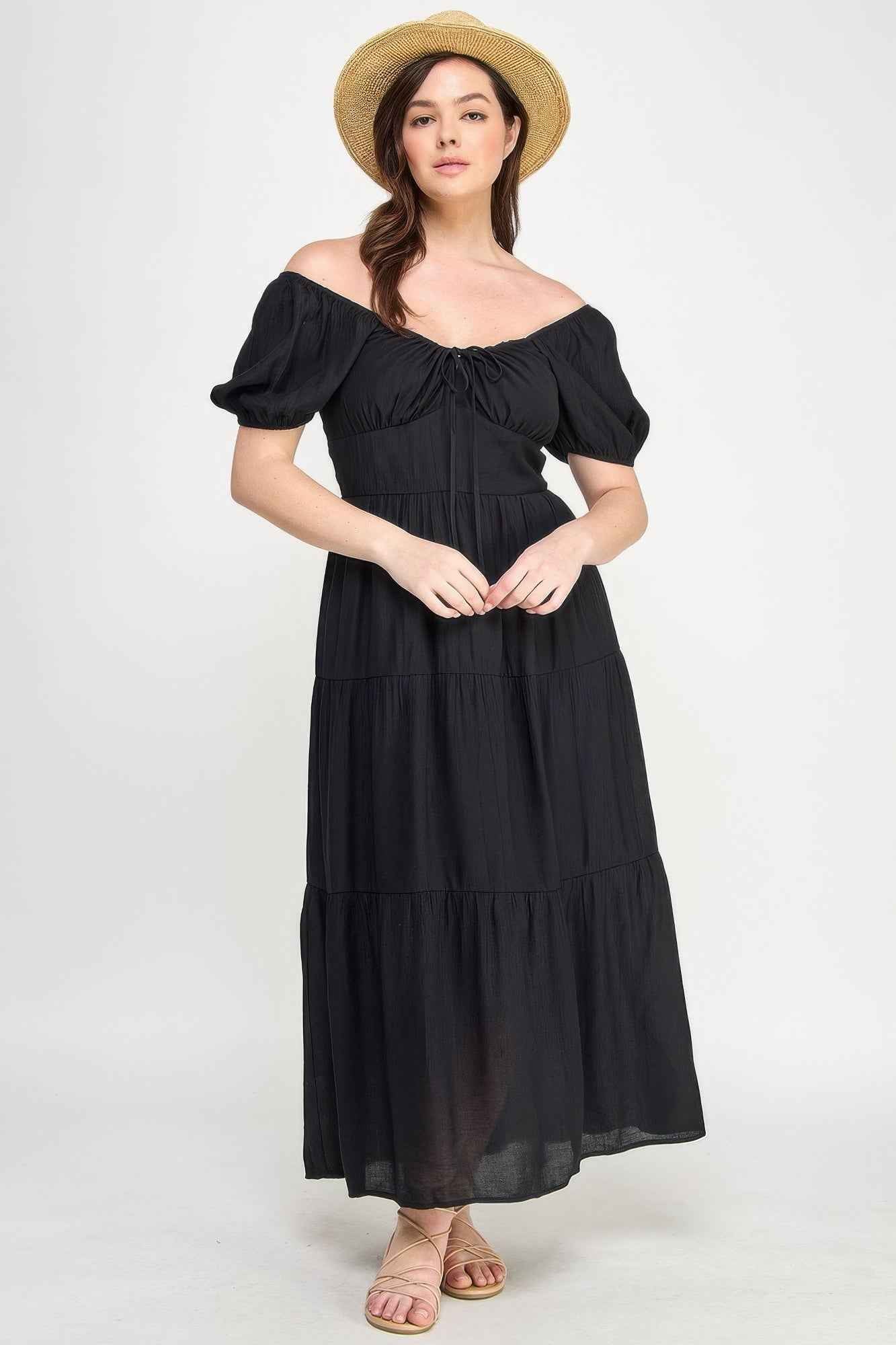Front Tie Puff Sleeve Tired Maxi Dress