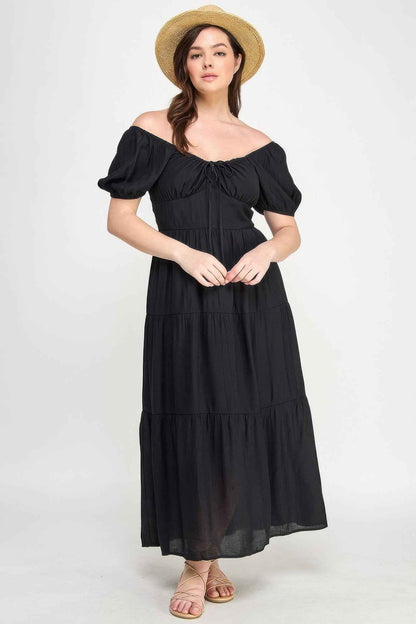 Front Tie Puff Sleeve Tired Maxi Dress