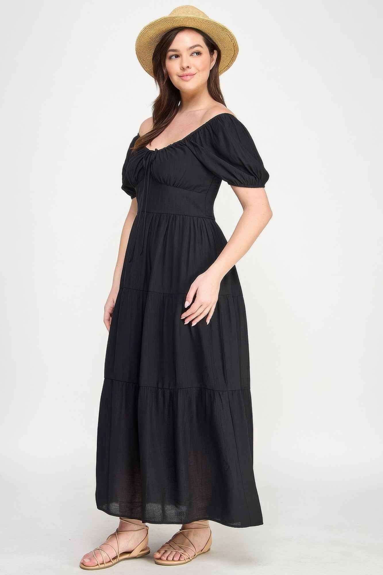 Front Tie Puff Sleeve Tired Maxi Dress