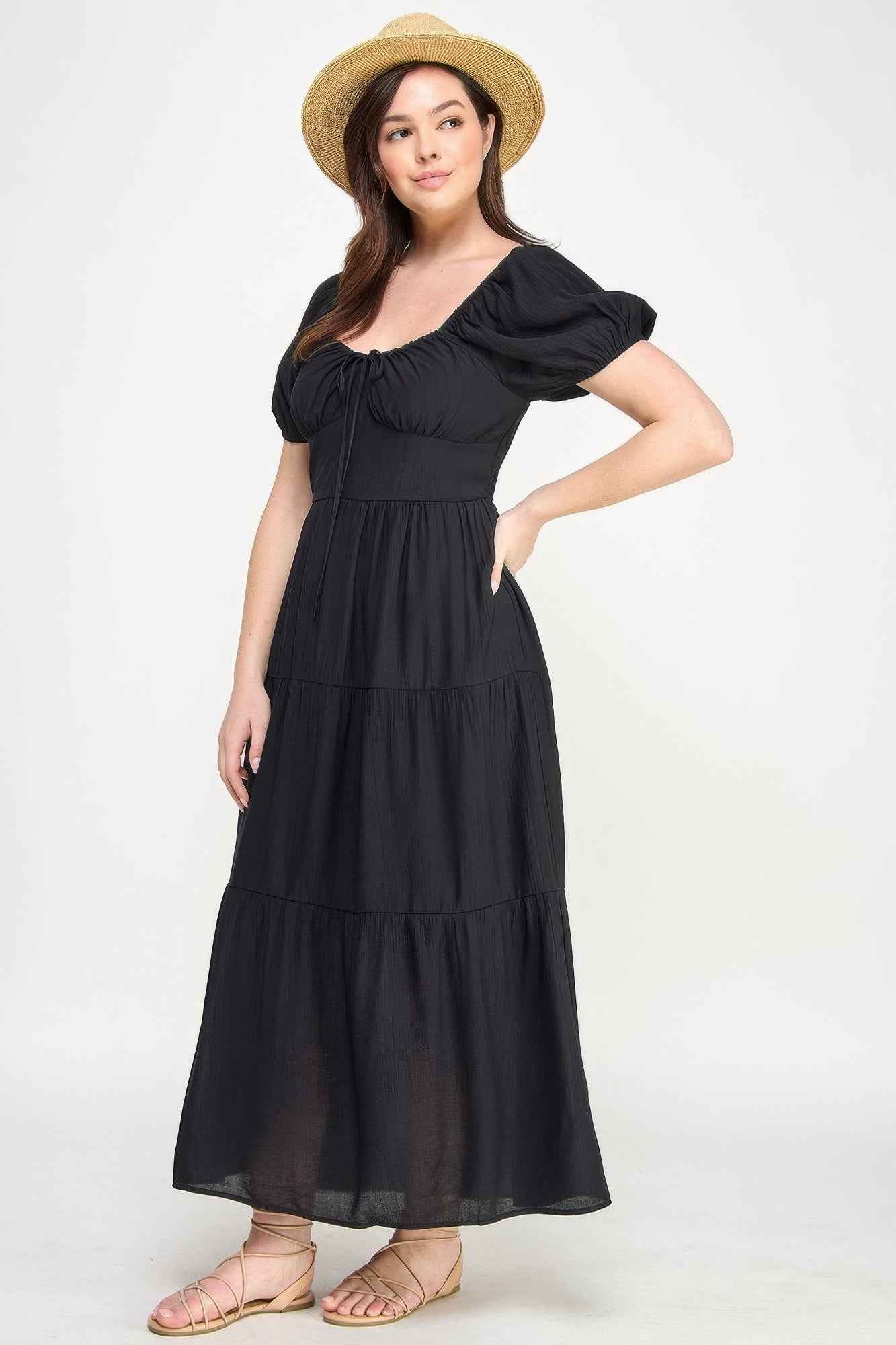 Front Tie Puff Sleeve Tired Maxi Dress