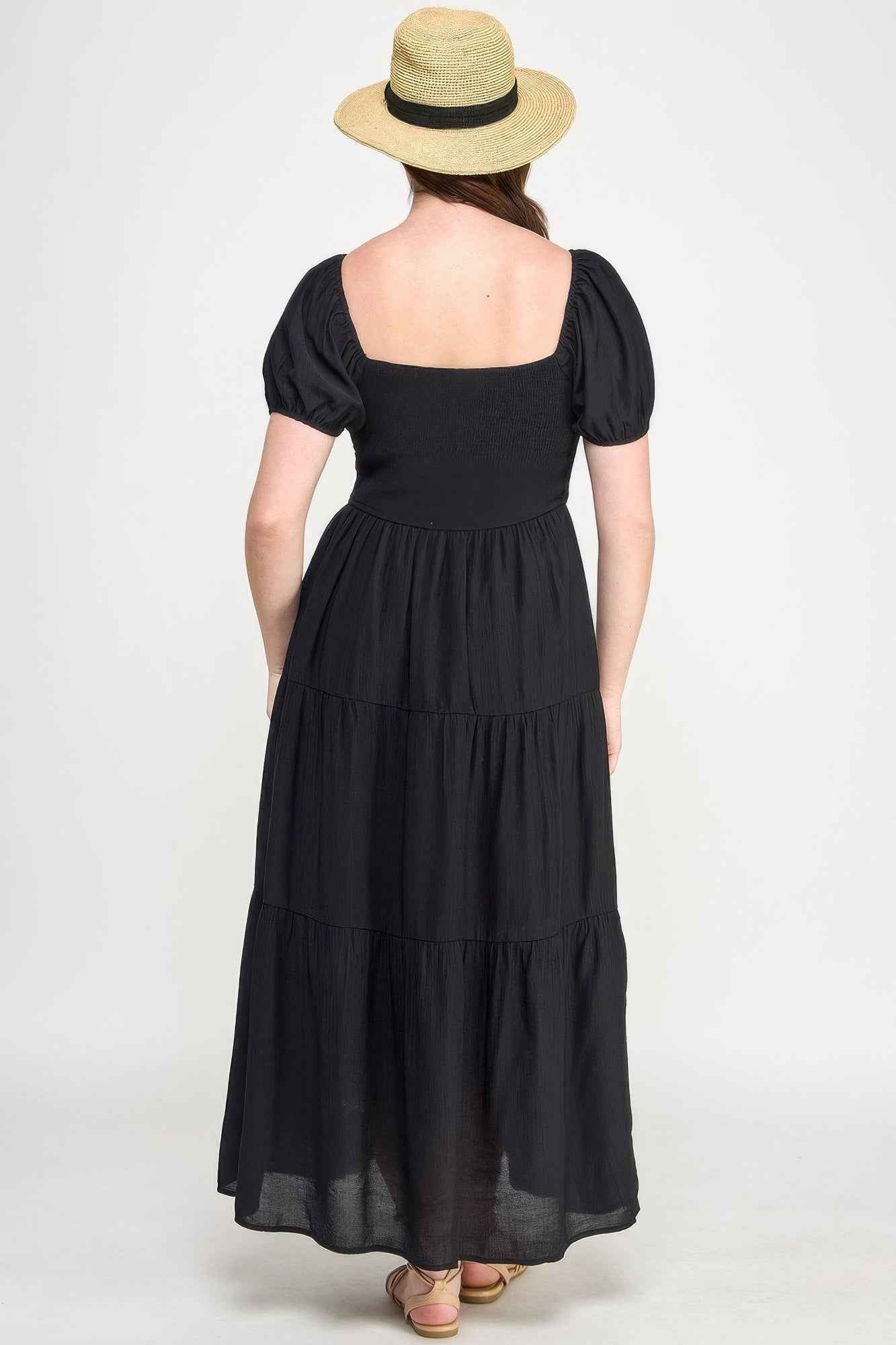 Front Tie Puff Sleeve Tired Maxi Dress